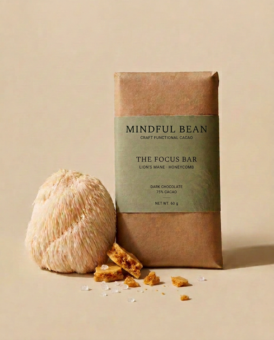 Mindful Bean Focus Bar in sage and kraft wrapping with honeycomb, sea salt and a Lion’s Mane mushroom