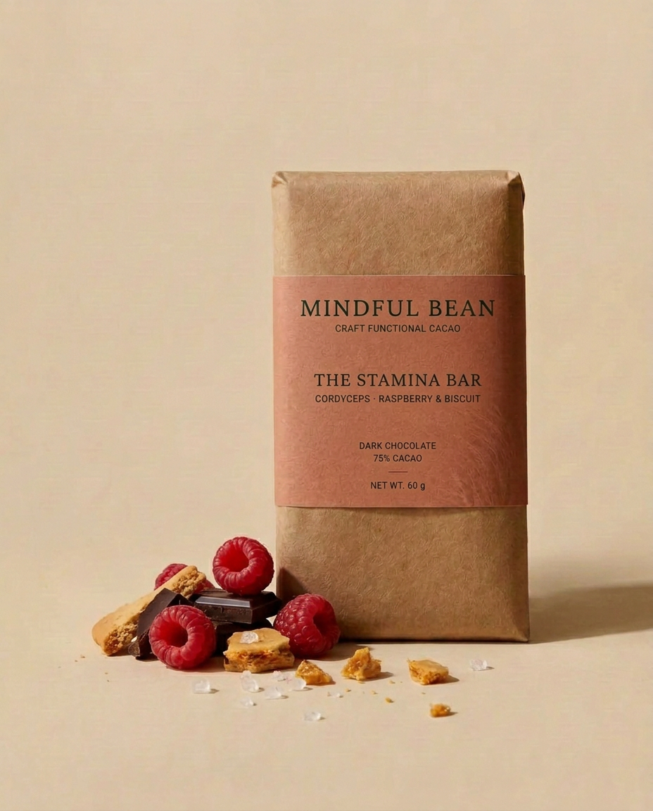Mindful Bean Stamina Bar with a Cordyceps label in terracotta and kraft wrapping, alongside raspberries, biscuit, chocolate and sea salt